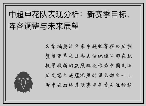 中超申花队表现分析:新赛季目标、阵容调整与未来展望 中超申花队表现分析:新赛季目标、阵容调整与未来展望